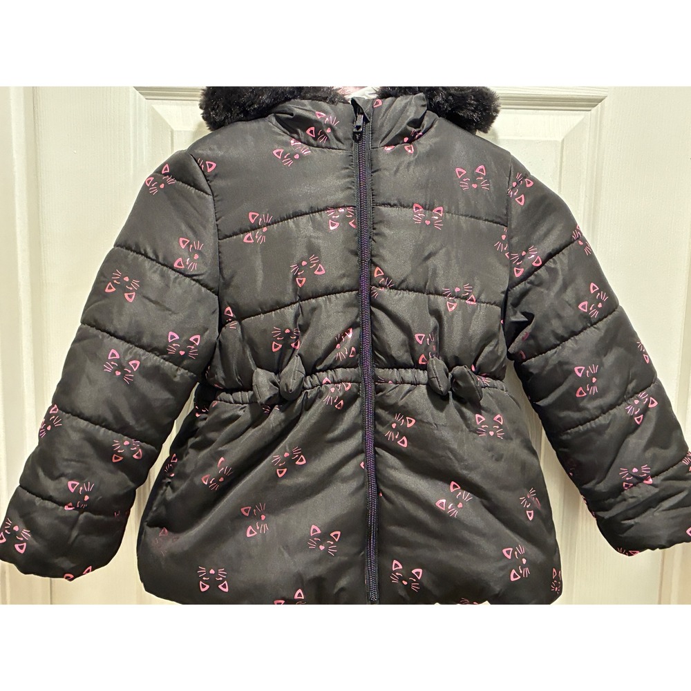 Wippette Girls Black Pink Cat Face Puffer‎ Jacket Faux Fur Hood Coat Size 5/6